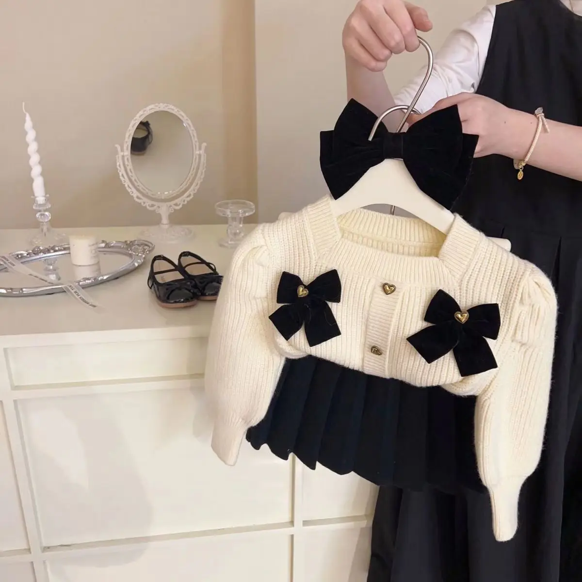 Girls Sweater Set 2025 Spring Autumn Winter Girls Small Fragrant Style Knitted Sweater Cardigan Short Skirt  Two Piece Set