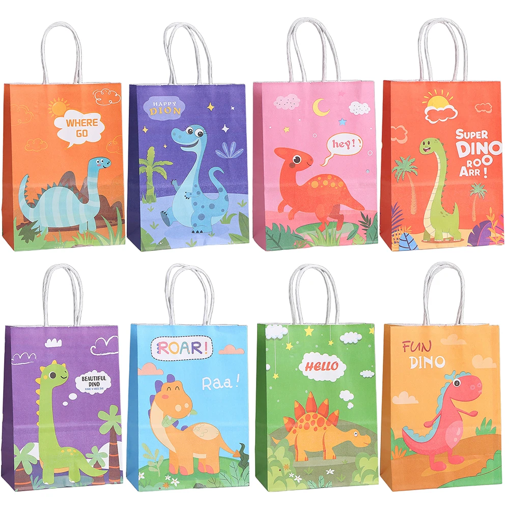 Bolsas de embalaje de regalo de papel con tema de dinosaurio de la selva de dibujos animados, bolsa de compras de dulces de dinosaurio para niños, decoración para fiesta de cumpleaños, Baby Shower, 8 Uds.