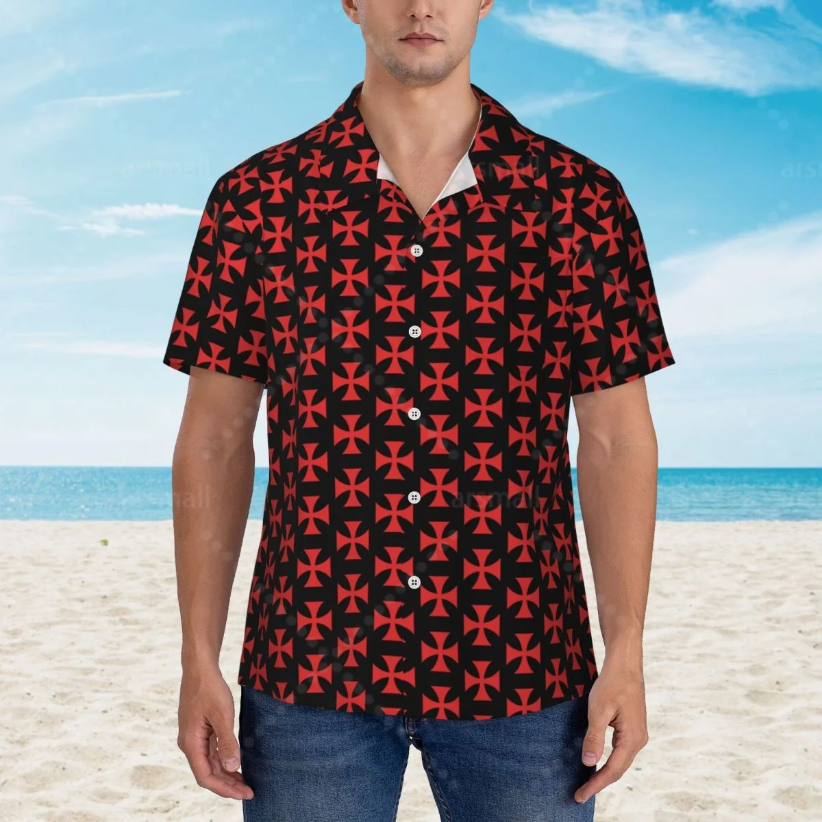 

Knights Templar Flag Hawaiian Shirt Men Short Sleeve Casual Floral Print Beach Shirt Summer Vacation Shirt