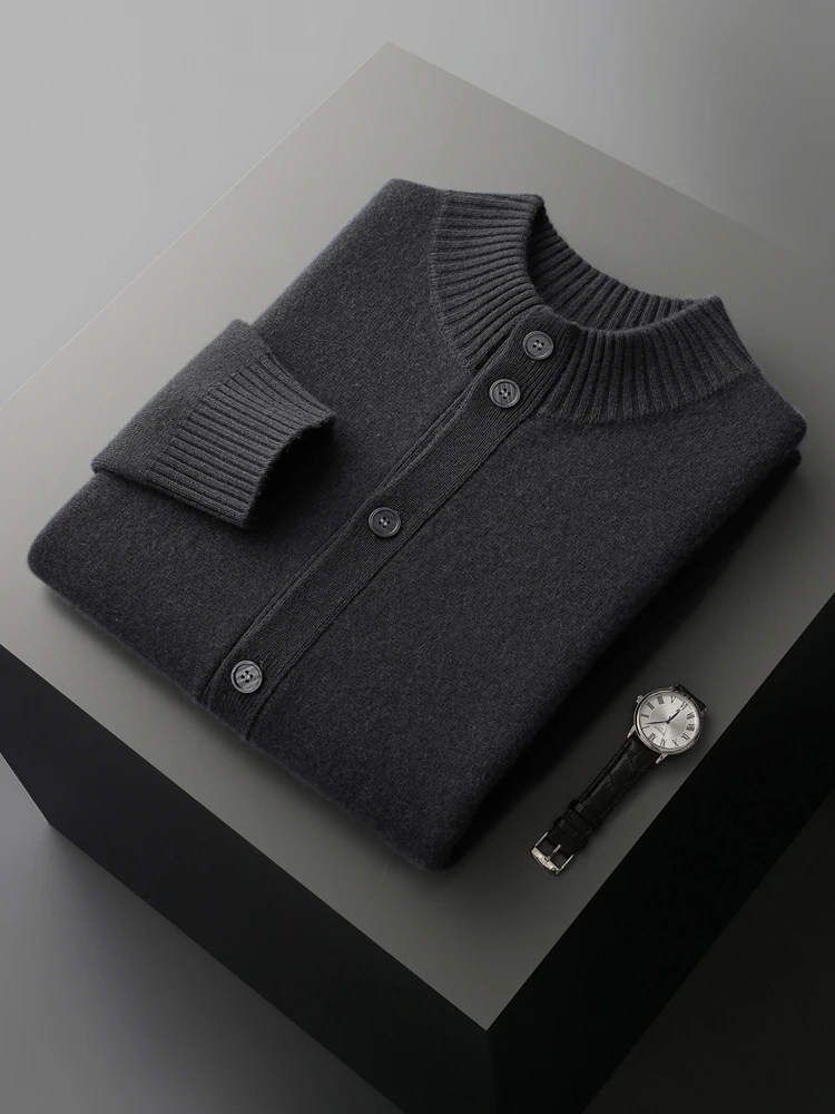 Autumn Winter Men's Luxury Style Button Thick Cardigan 100% Cashmere Sweater Smart Casual Knitted Clothing Mock Neck Soft Tops