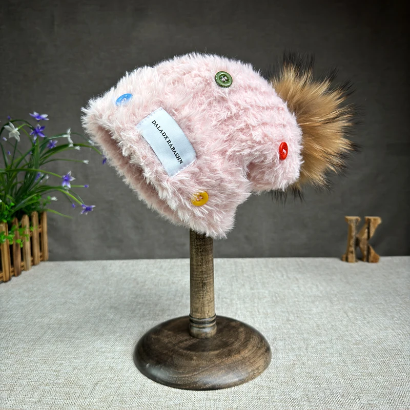 2024 Button Hat Women's AutumnWinter Raccoon Hairball Plush Hat Warm Fisherman Hat Show Temperament Wool Basin Hat