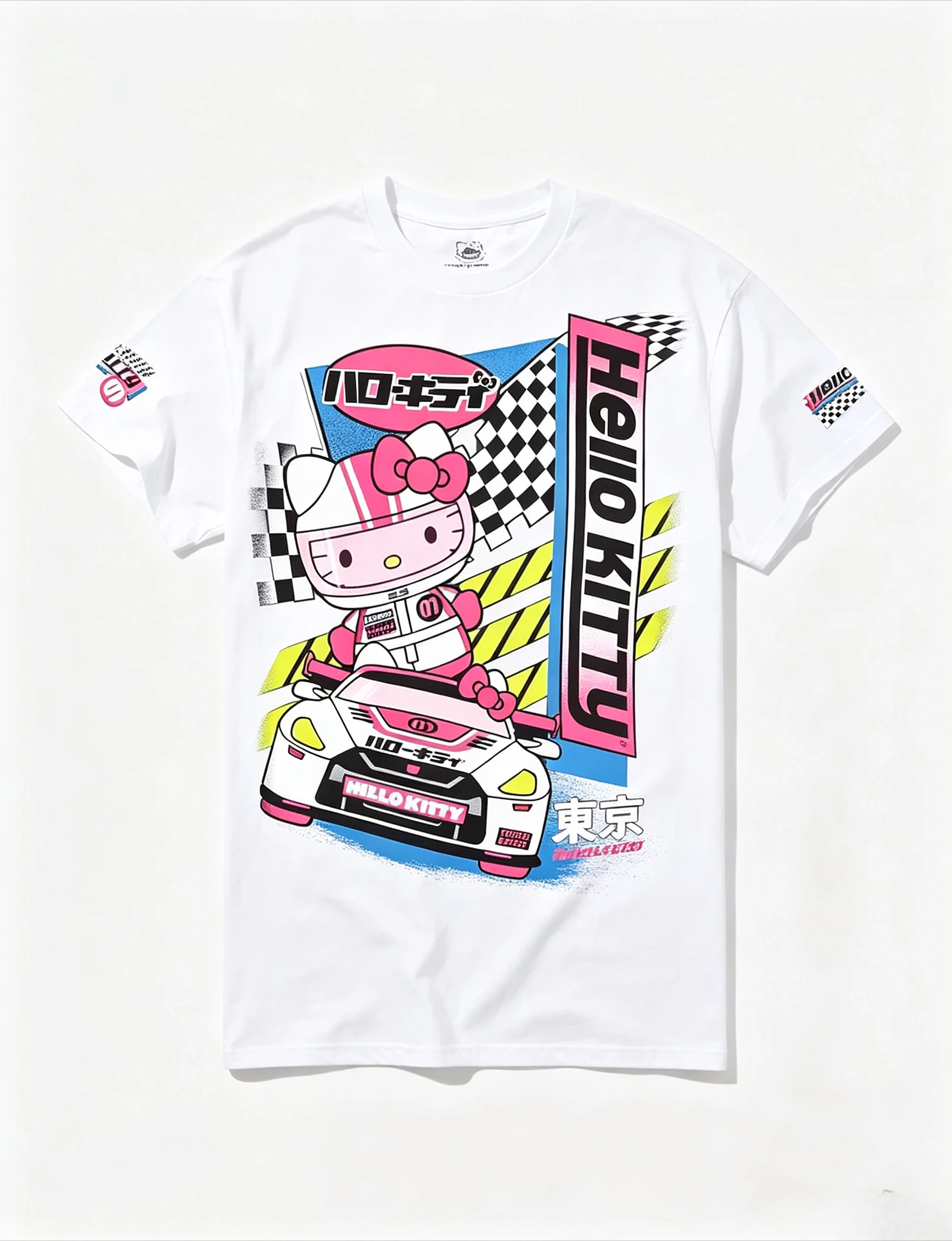 Tokyo Racing Hello Kitty Graphic T‑Shirt Unisex Japanese Style Race Car Print Short Sleeve Casual Streetwear Tops