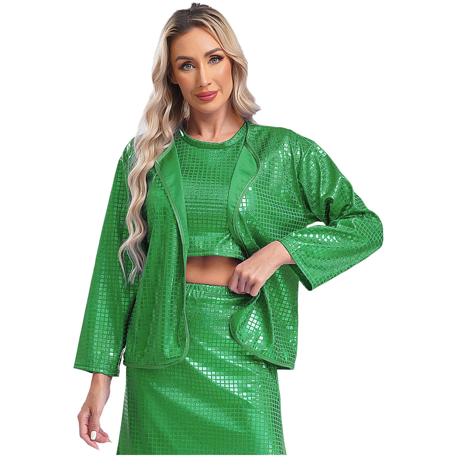 Moda mujer Bolero cuadrado lentejuelas Cardigan abrigo chaquetas Clubwear Disco noche encogimiento de hombros Top carnaval Festival traje de fiesta de noche