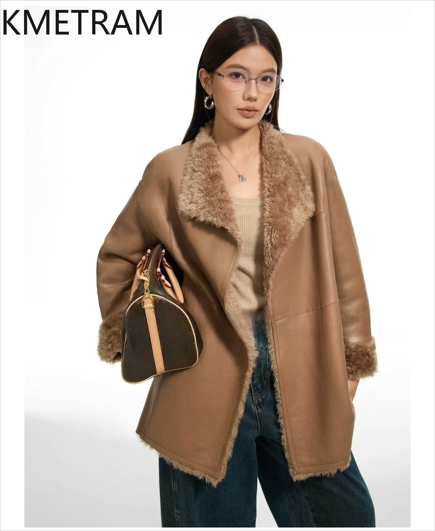

KMETRAM Natural Spanish Lacon Sheepskin with Wool Attached Coats Reversible Real Fur Coat 80cm 2026 Winter Woman Clothing casaco