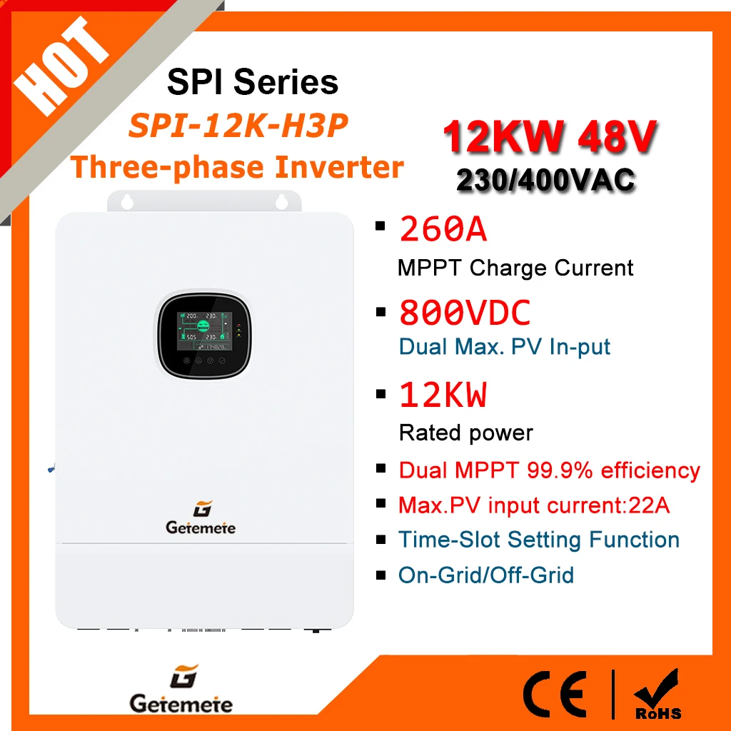 GTMT 12KW Three-Phase Hybrid Solar Inverter 48VDC To 230/400VAC Built-in Dual MPPT 260A Charger Controller Parallel Function