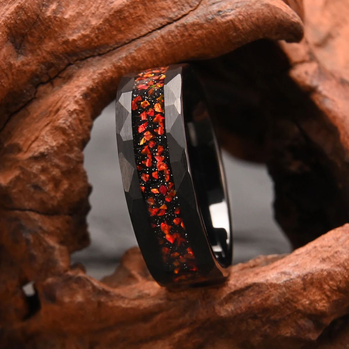 8mm black tungsten carbide ring men's wedding bands inlaid with red opal fashion jewelry rings for man engagement promise ring