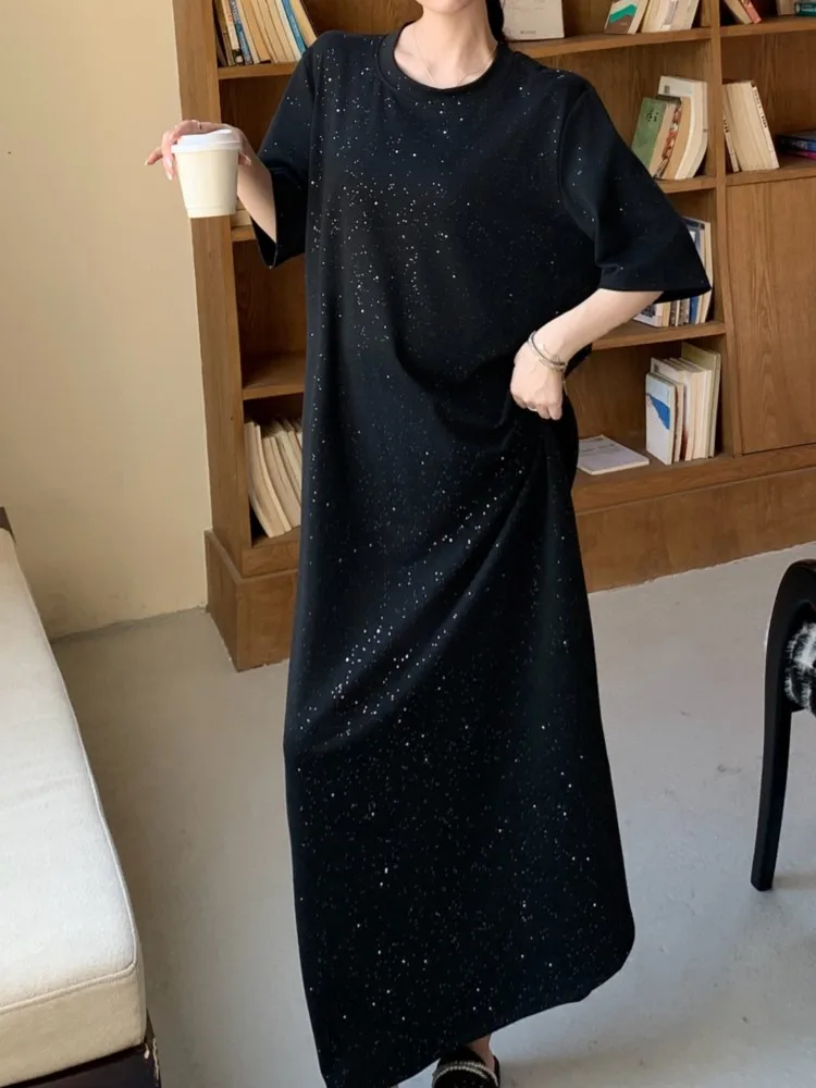 Vestido negro largo suelto con camiseta para mujer, vestido de verano de gran tamaño para mujer, vestido coreano elegante Viatage, Vestidos para mujer