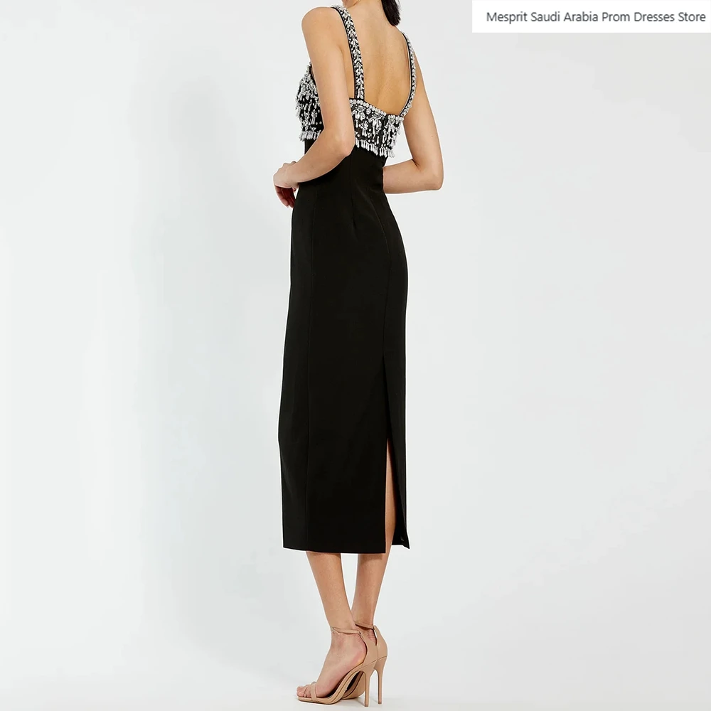 Robe de soirée noire droite pour femmes, longueur thé, col carré, sans manches, robe de bal, dos nu en cristal, personnalisée