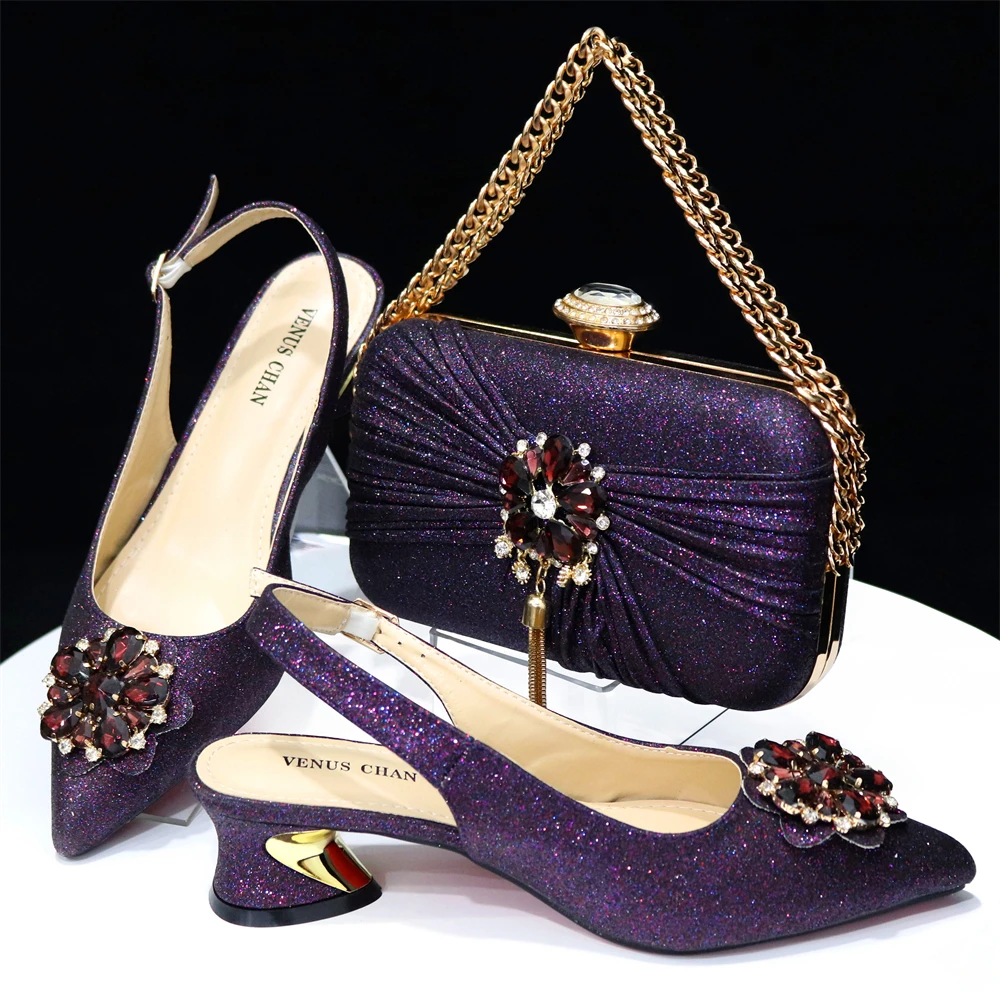 

Dark Purple Classics Design Nigerian Women Shoes and Bag Set Comfortable Heels African Pumps for Wedding Party