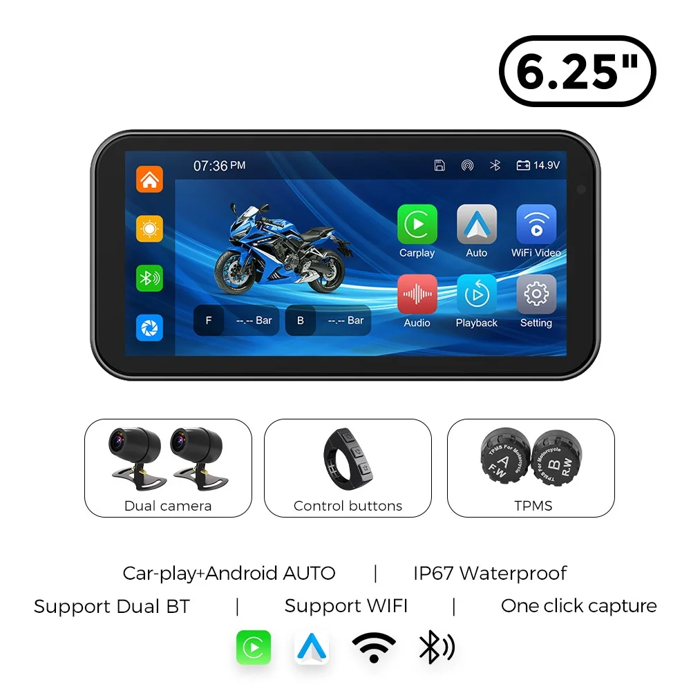 NaviFly 6,25 inch draadloze carplay en Android Auto motorfiets IPX7 BT helmnavigatie scherm draagbare DVR TPMS - afbeelding 1