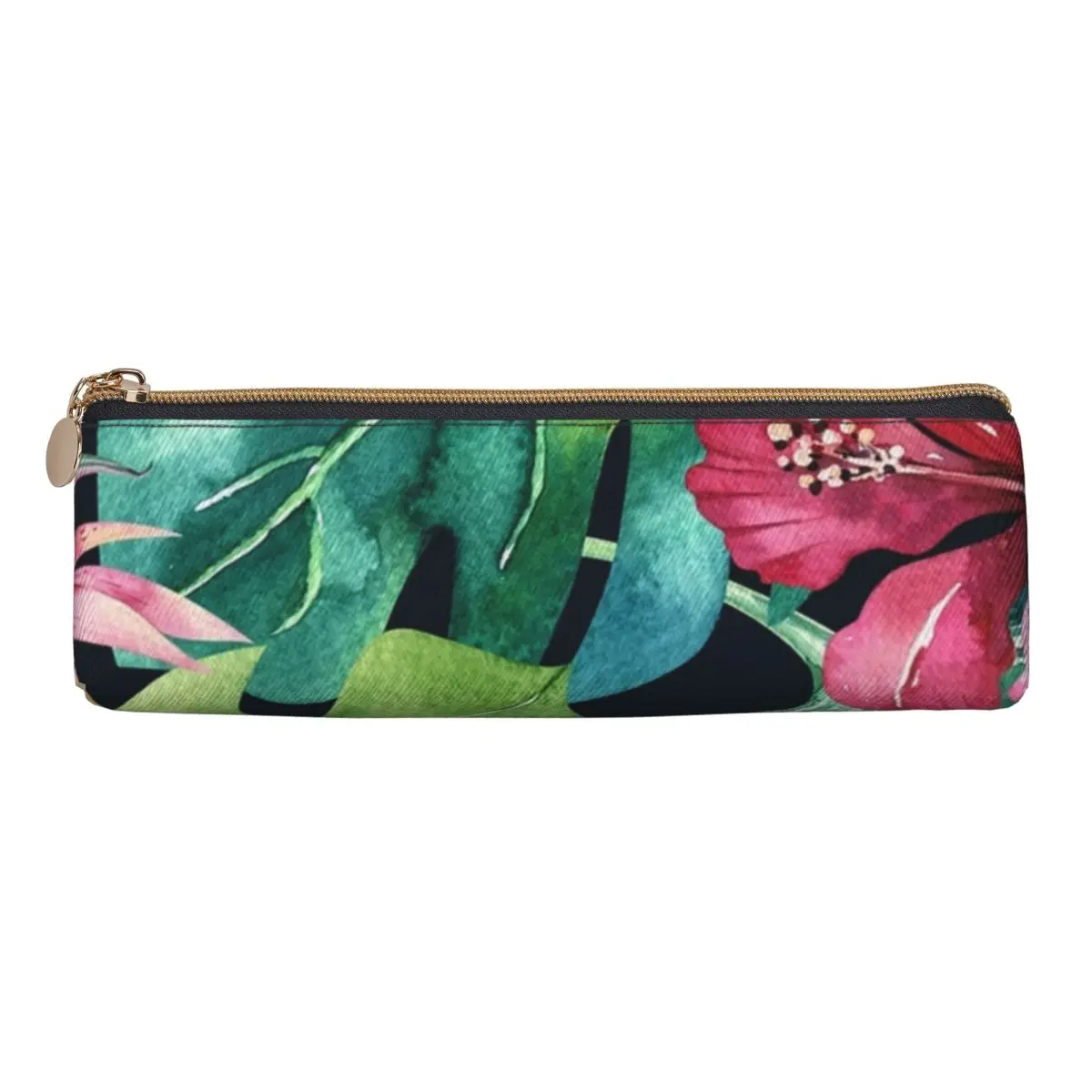 Cool Pencil Case Dark Tropical Pencil Box Hibiscus Leaves Print School Pencil Cases Students PU Leather Stationery Organizer