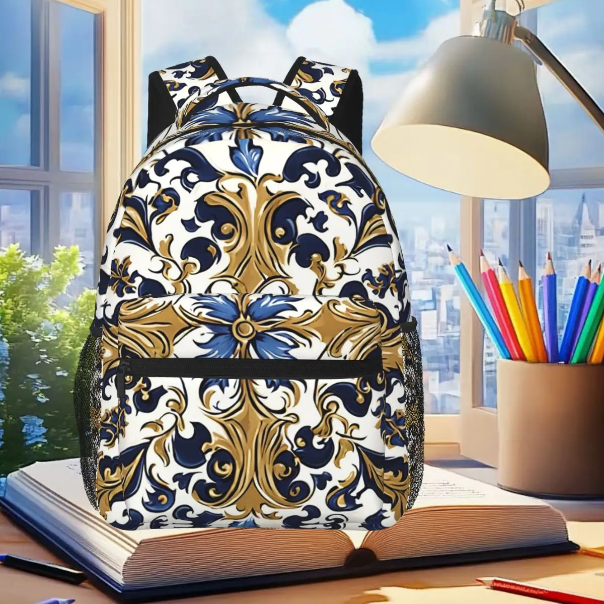 Gold Blue Light Azulejos - Tile Art Backpack Student Boys Girls BookBag Kids School Bag Computer Shoulder Bags for Men Women