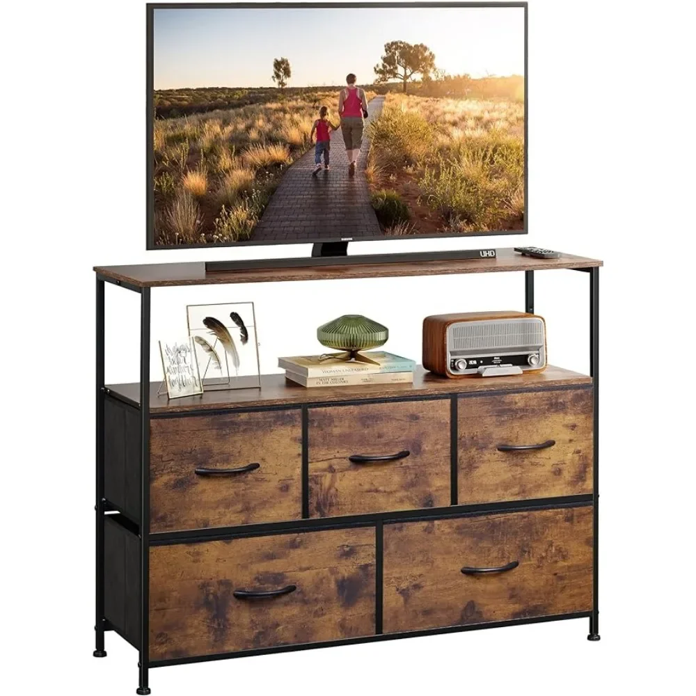 

TV Stand,Entertainment Center with Fabric Drawers,Media Console Table with Open Shelves for TVs up to 45 inch,TV Cabinet Brown