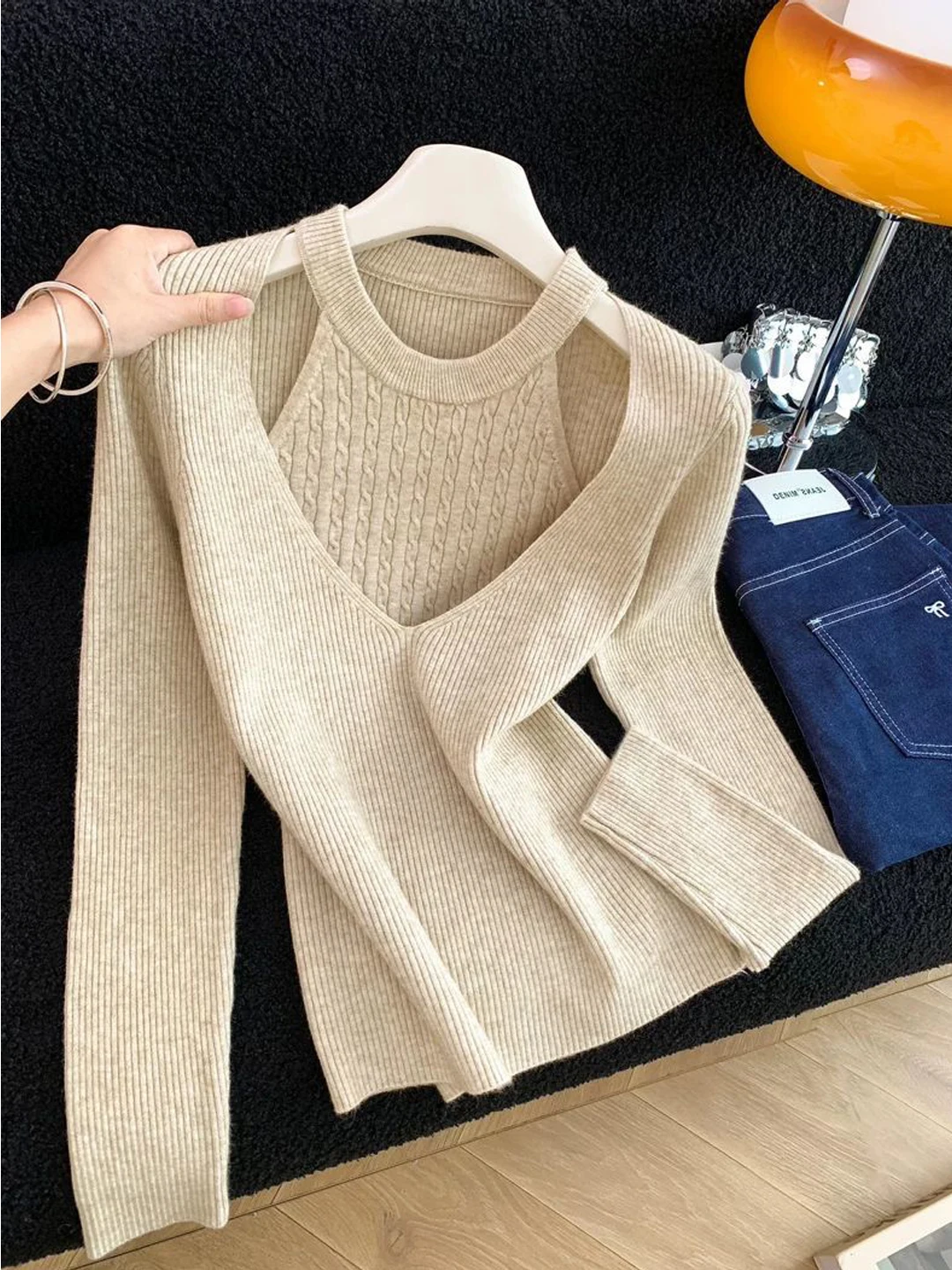 

Women's Ne Hanging Knitted Long Sve Base irt Slim Fit oulder Exposure Sweater Fake Two-Piece Knitted Top for Autumn