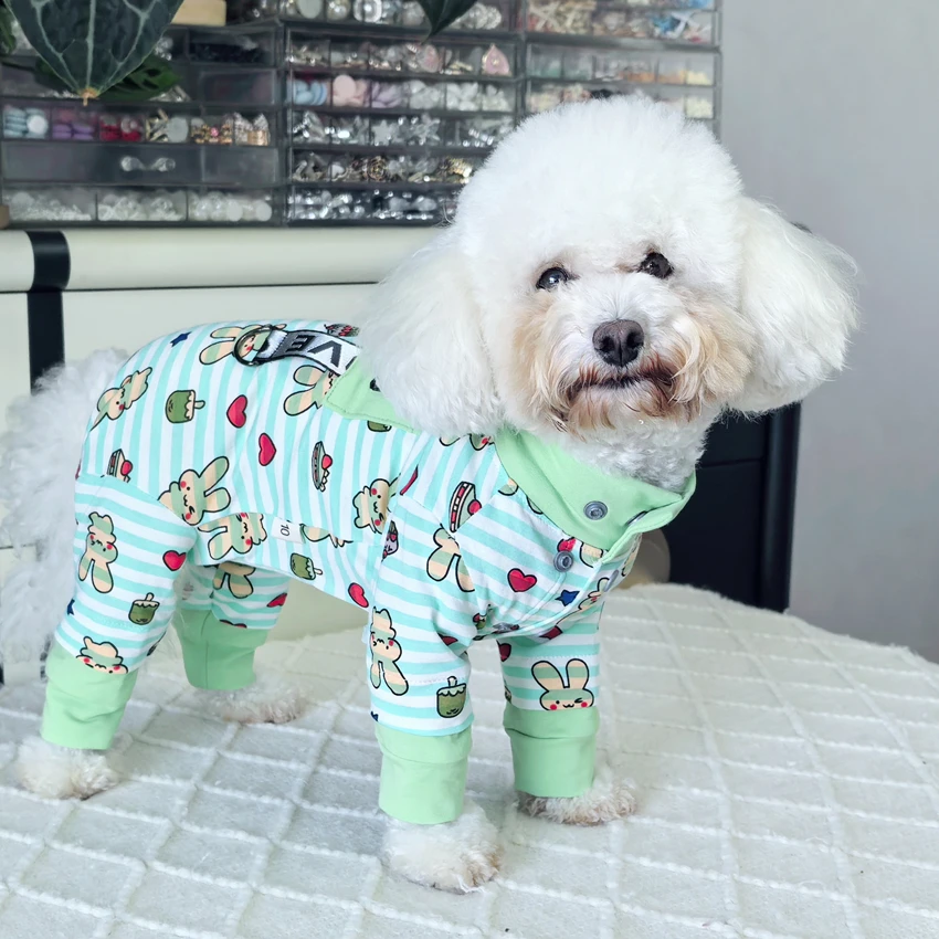 

Cute Green Stripe Print Puppy Rompers Casual Sport Clothing Pure Cotton Wrap Belly Jumpsuits For Small Medium Dog Pet Clothes
