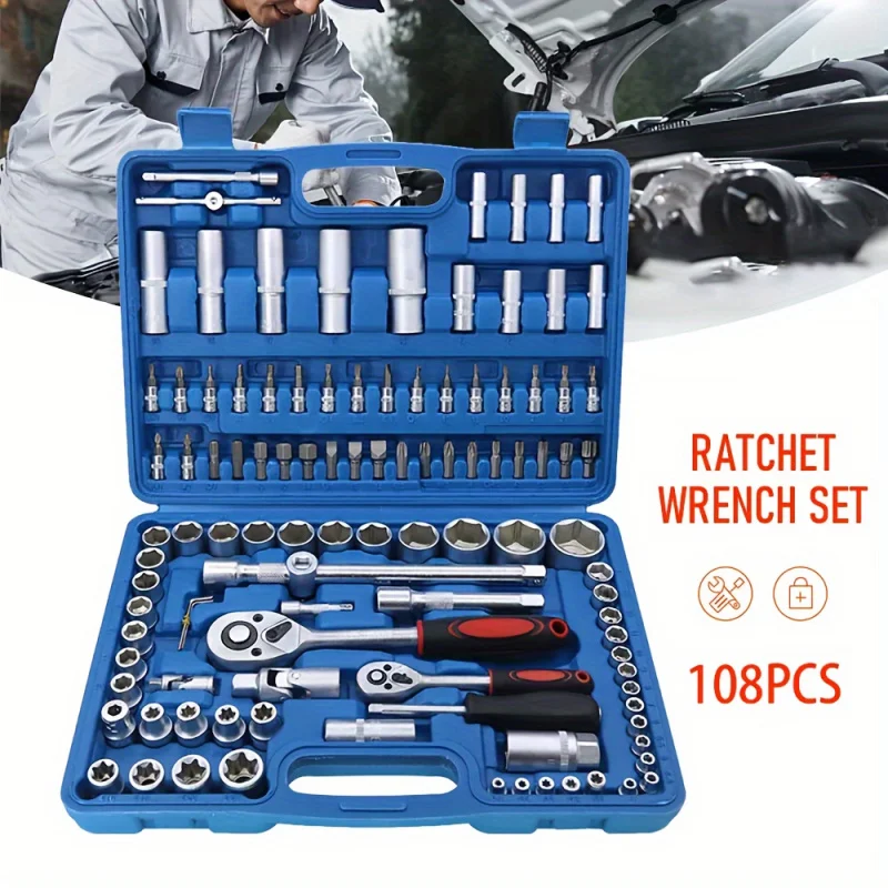 94/108 PCS Auto repair tool kit includes ratchet torque wrench, socket, screwdriver and other common tools set luxurious