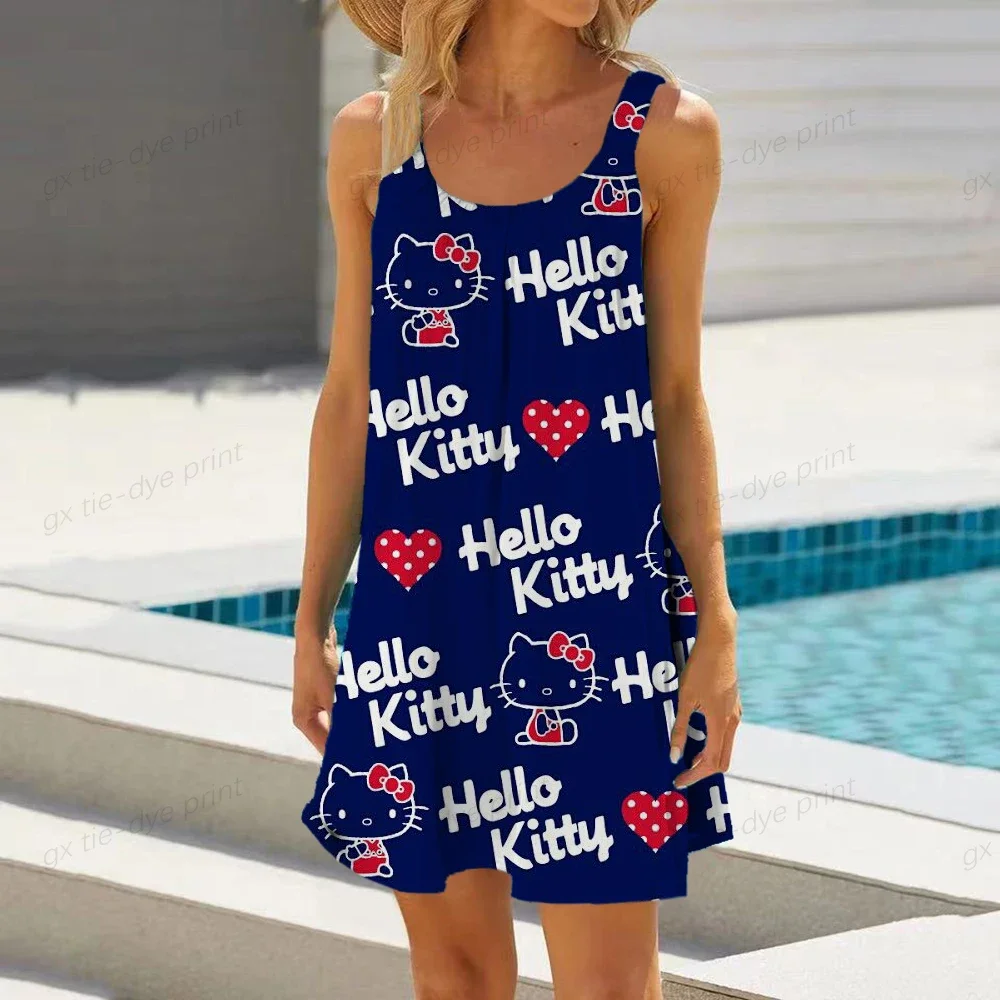 Womens Summer Sleeveless Round Neck Plain T-Shirt Dress Hello Kitty Printing Pleated Swing Casual Loose Pullover Streetwear