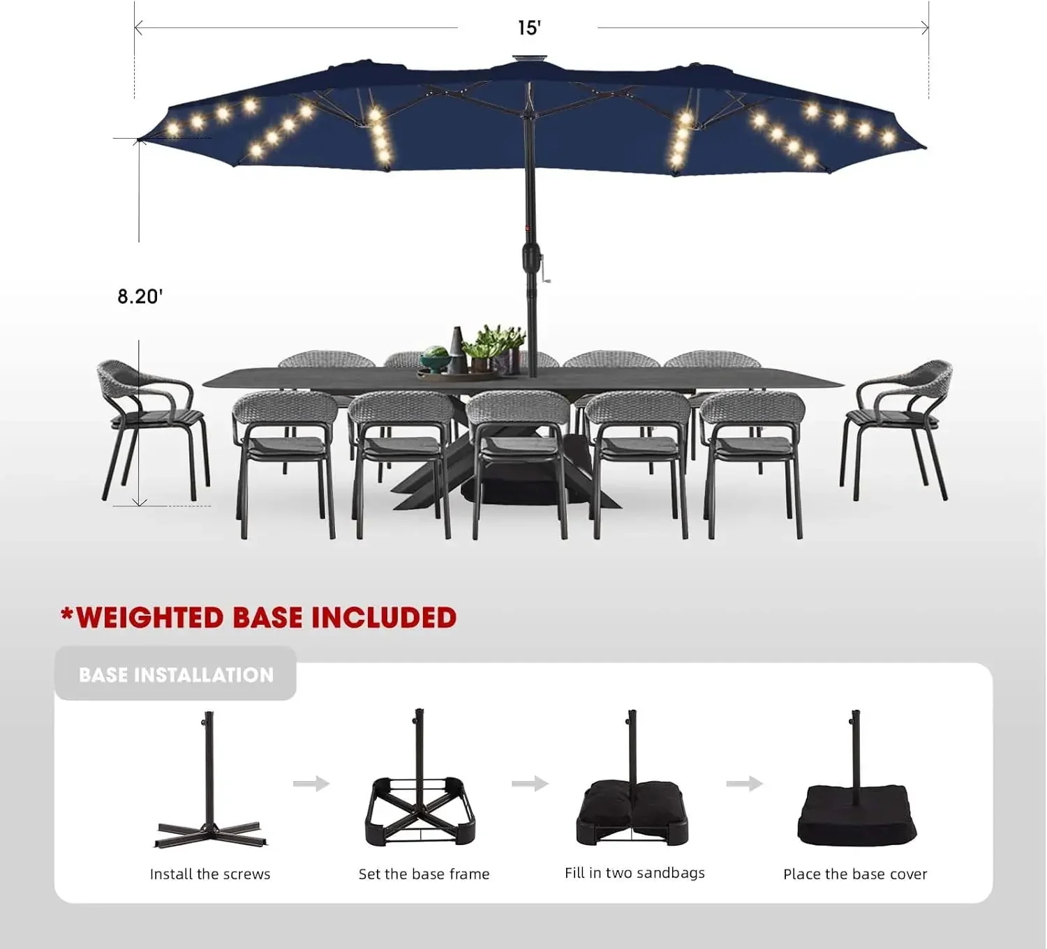 15ft Large Patio Umbrellas with Base Included, Outdoor Double-Sided Umbrella with Crank Handle, Powerful UV Protective