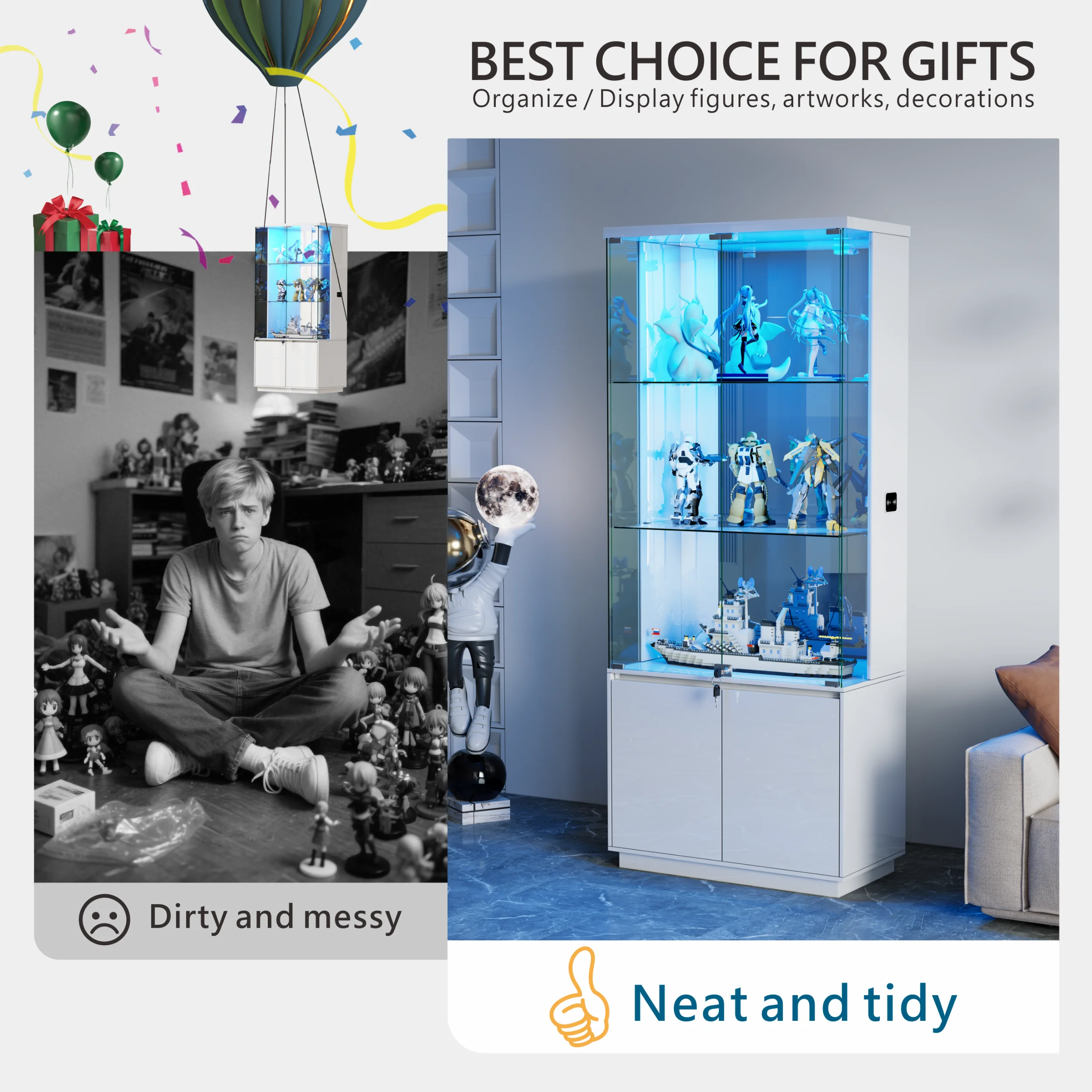 JDPAG خزانة عرض زجاجية مقاس 71 بوصة مع أضواء، وحافظات عرض خزانة التحف الحديثة للمقتنيات #5