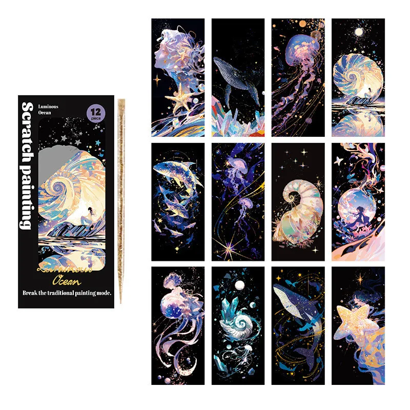 

12 шт./компл., закладка, царапающая живопись, животное, сделай сам, поделки, красочная бумага для царапин для офисных принадлежностей, ручная работа, ночная сцена, искусство