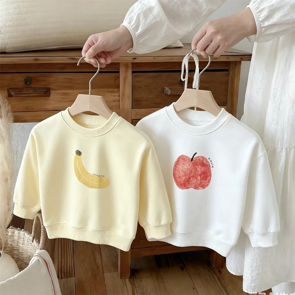 Banana Apple Print Sweatshirts Long-sleeved Tops Fashion Casual Clothes Round Neck Pullovers Baby Boys Girls Lovely Hoodie