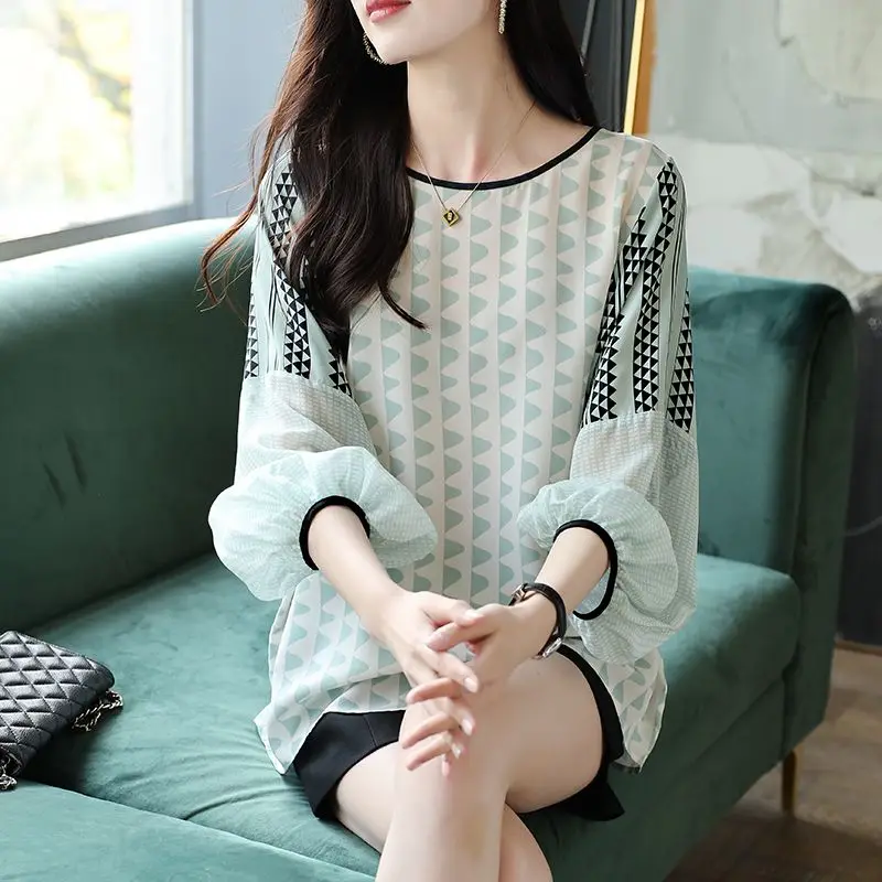 Fashion Loose Printed Chiffon Lantern Sleeve Blouse Women Clothing 2023 Spring New Casual Pullovers Korean Shirt