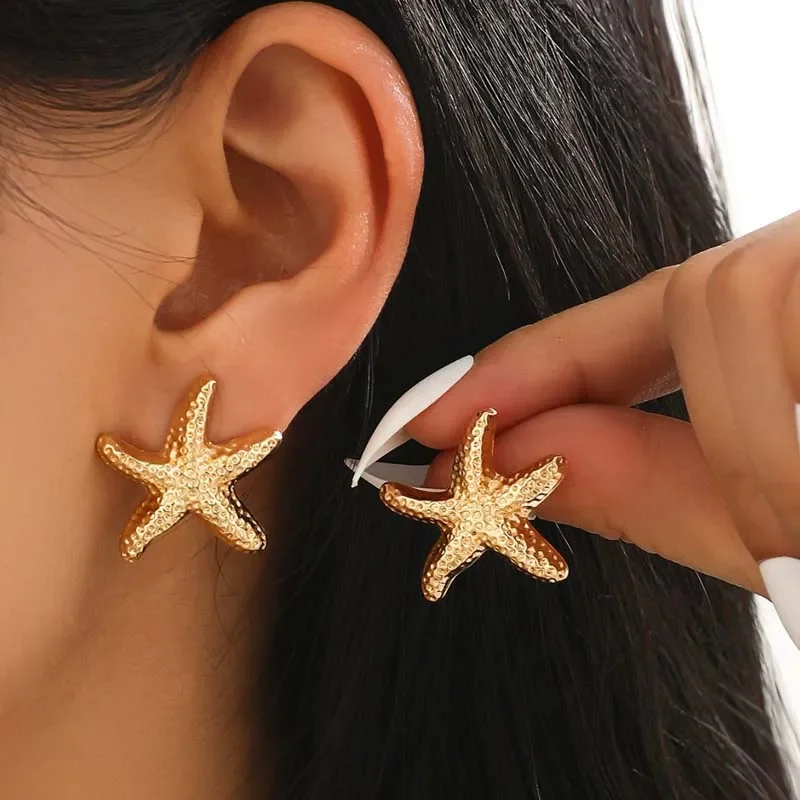 

Punk Metal Starfish Stud Earrings For Women Fashion Gold Color Star Geometric Temperament Earrings Summer Jewelry Gift