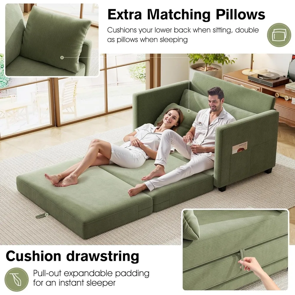 Sofá-cama de veludo cotelê para espaços pequenos, sofá conversível com assento profundo com 2 travesseiros, sofá-cama dobrável para C