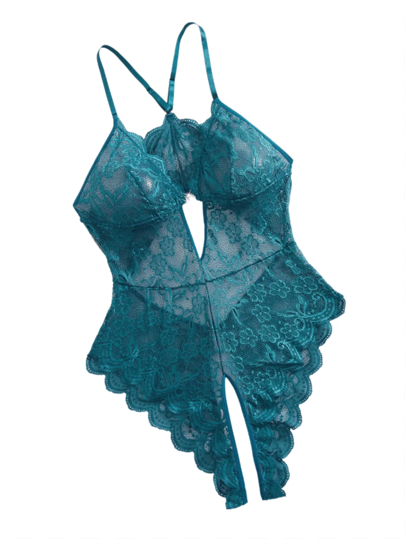 

Women Teal Lace Teddy Lingerie Deep V Hollow Out Sheer Mesh Open Crotch Bodysuit Sexy Sleepwear