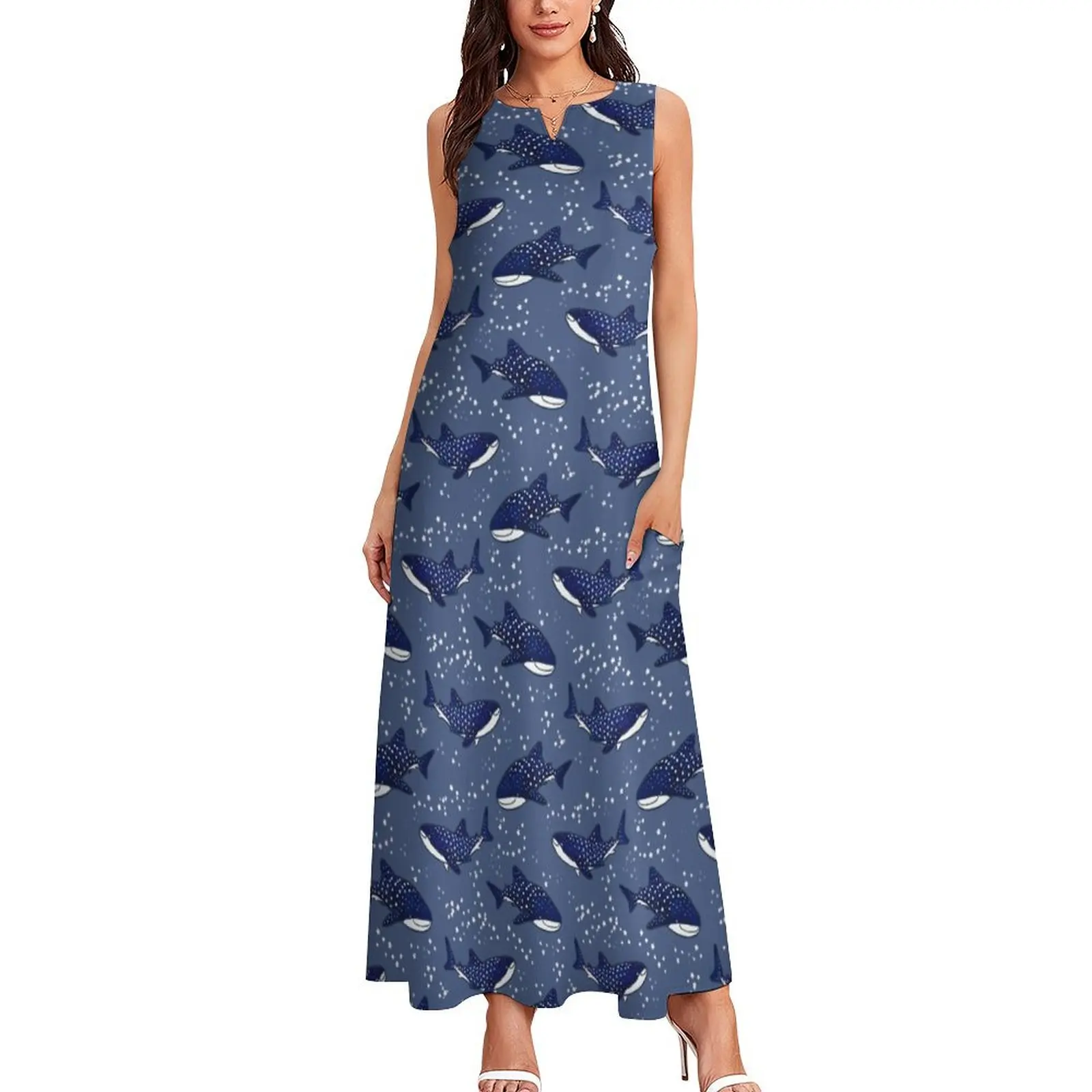 Starry Whale Sharks (Dark version) Long Dress Beachwear Female clothing