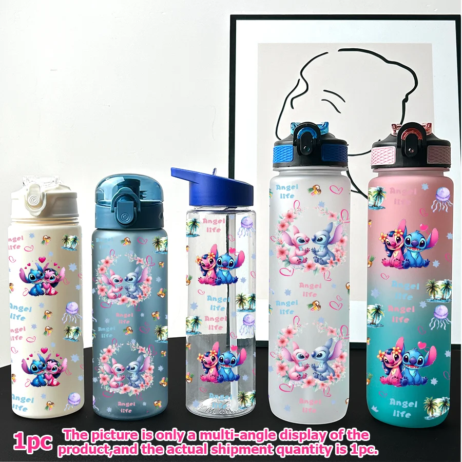 

1 шт., мультипластиковая бутылка для воды Disney Stitch Angel с принтом 23-32 унций, портативная спортивная чашка для воды, подарок на день рождения