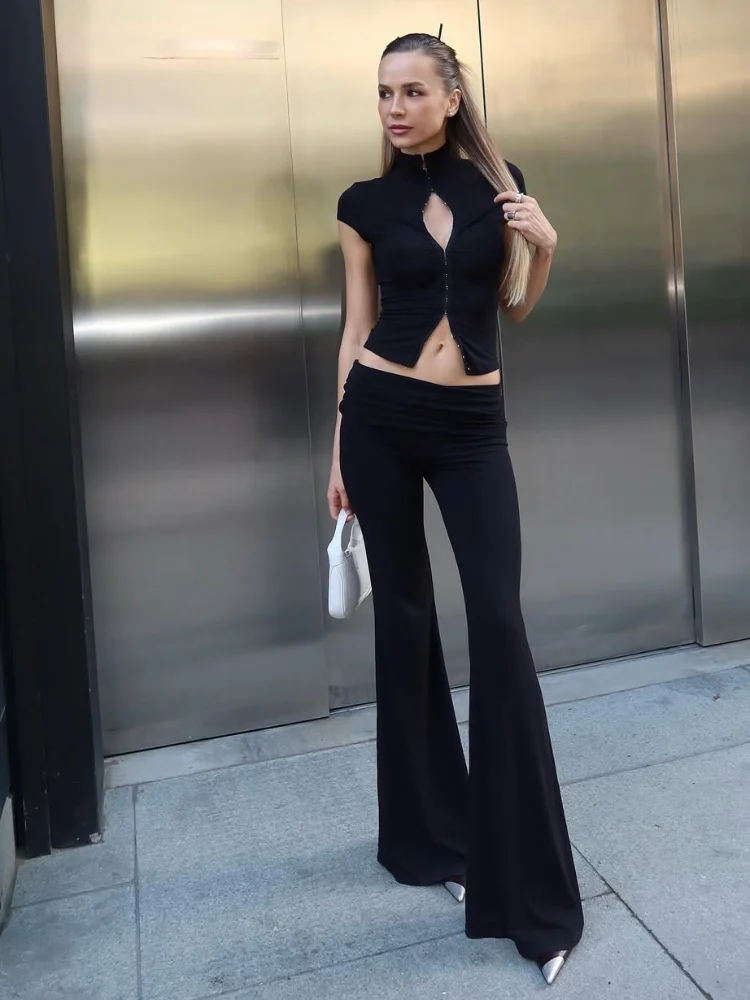 أزياء قصيرة الأكمام السراويل مجموعة المرأة شيك ضيق سستة البنطال القصير مستقيم الساق منخفضة الخصر السراويل سيدة تخفيف عارضة الشارع الشهير