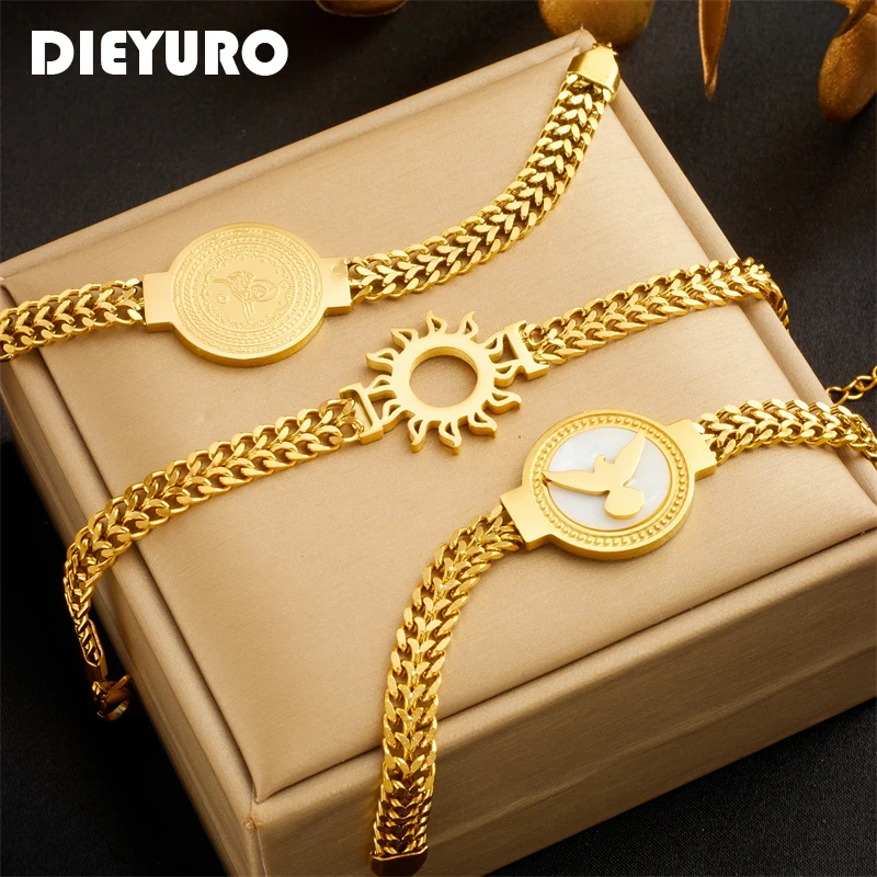 

DIEYURO 316L Stainless Steel Sun Totem Bird Bangles Bracelet For Women New Fashion Gold Color Waterproof Jewelry Birthday Gift