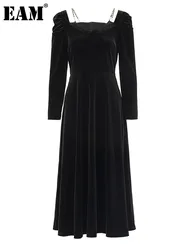 [EAM] Women Black Velvet Metal Chain Elegant Long Vintage Dress New Round Neck Long Sleeve Fashion Spring Autumn 2024 CPG1956