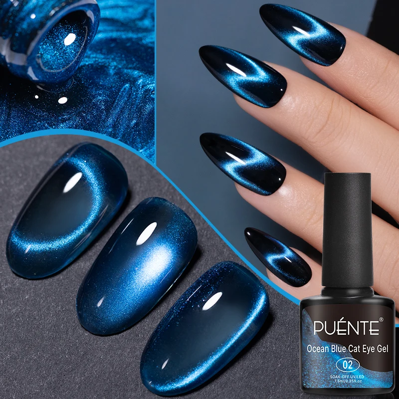 PUENTE 7.5ML Ocean Blue Cat Eye Gel Nail Polish With Magnet, High Glossy,Vibrant Blue Magnetic Cat Eye Nail Gel, Long-Lasting, Easy Application, Soak Off UV/LED Lamp Curable Semi-Permanent Varnish for Home & Salon Manicure