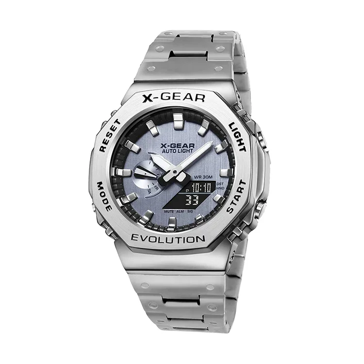 مقاومة للصدمات 2100 للجنسين ساعة رقمية حزام فولاذي قابل للطي مشبك LED عرض مزدوج السيارات اليد رفع ضوء GMB البلوط سلسلة