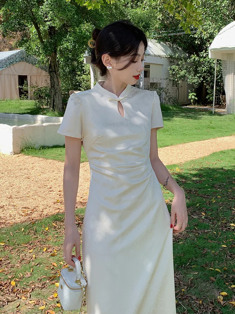 

New Chinese Style Improved Cheongsam Summer Beige Elegant Short Sleeve Dress for Women Daily Party Dresses