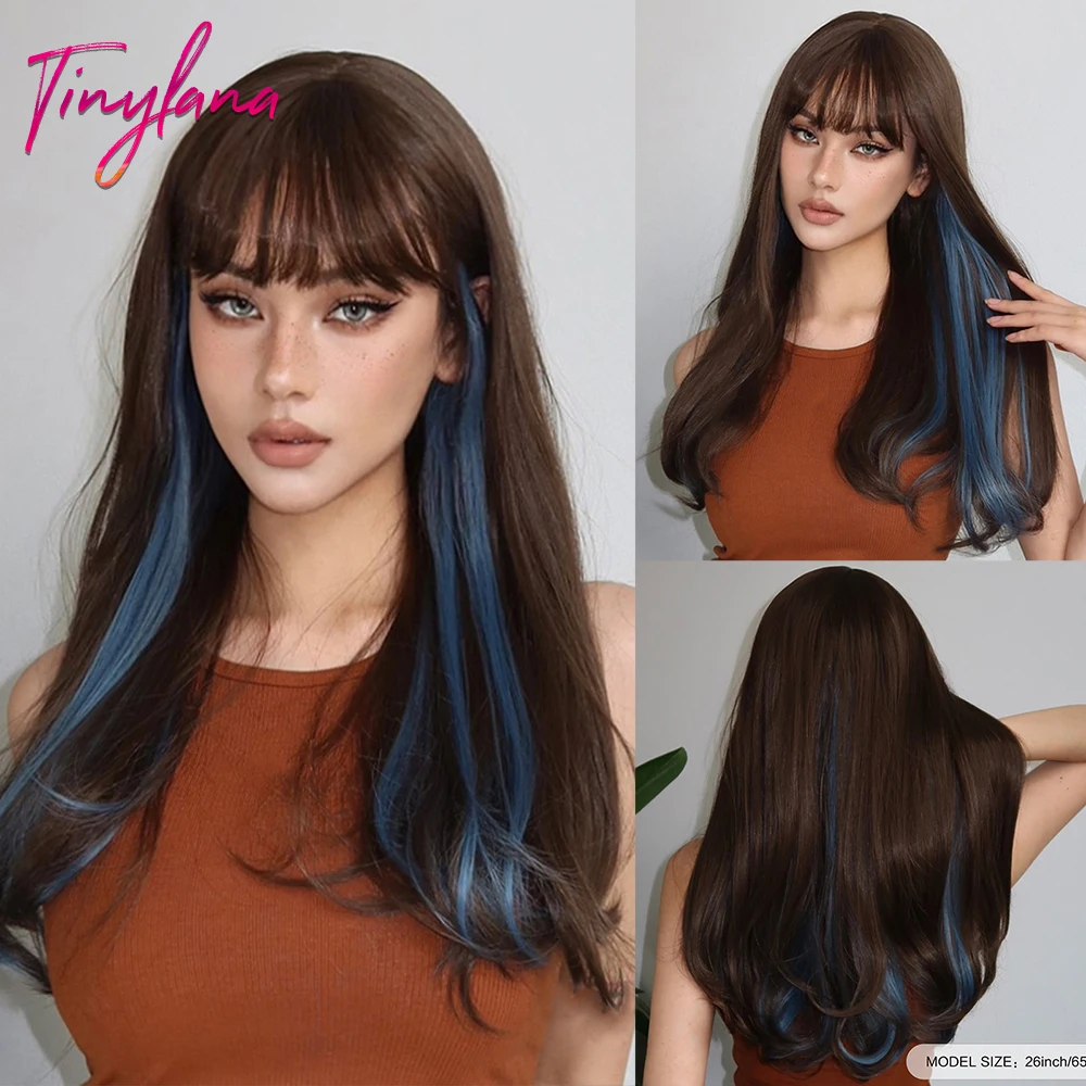 

Long Wavy Cosplay Highlight Synthetic Wigs with Bangs Brown Mixed Blue Natural Wave Hair Wig for Women Afro Party Heat Resistant