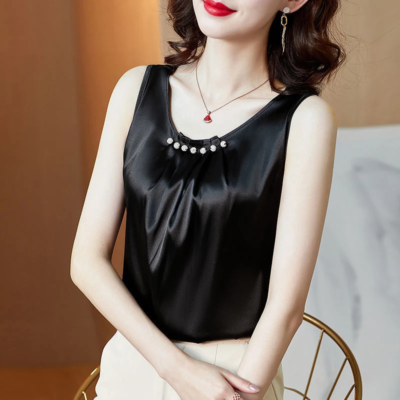 Beading Vest Sleeveless O-neck Pleated Loose Top French Office Lady T-shirt Elegant Female Blous Women Clothes Thin Summer Solid