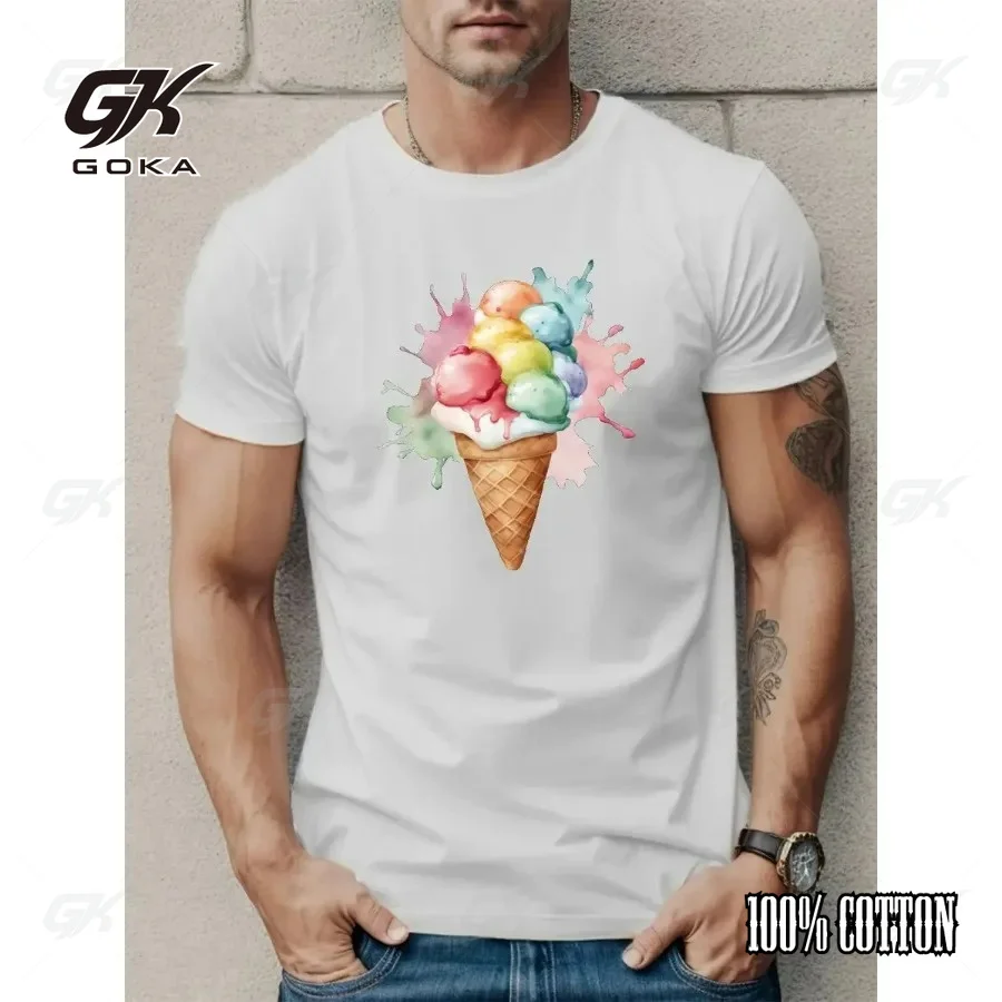 Watercolor Rainbow Ice Cream Cone Graphic T-Shirt Casual Fashionable Summer Vibe Dark Gray Casual Crewneck Tops