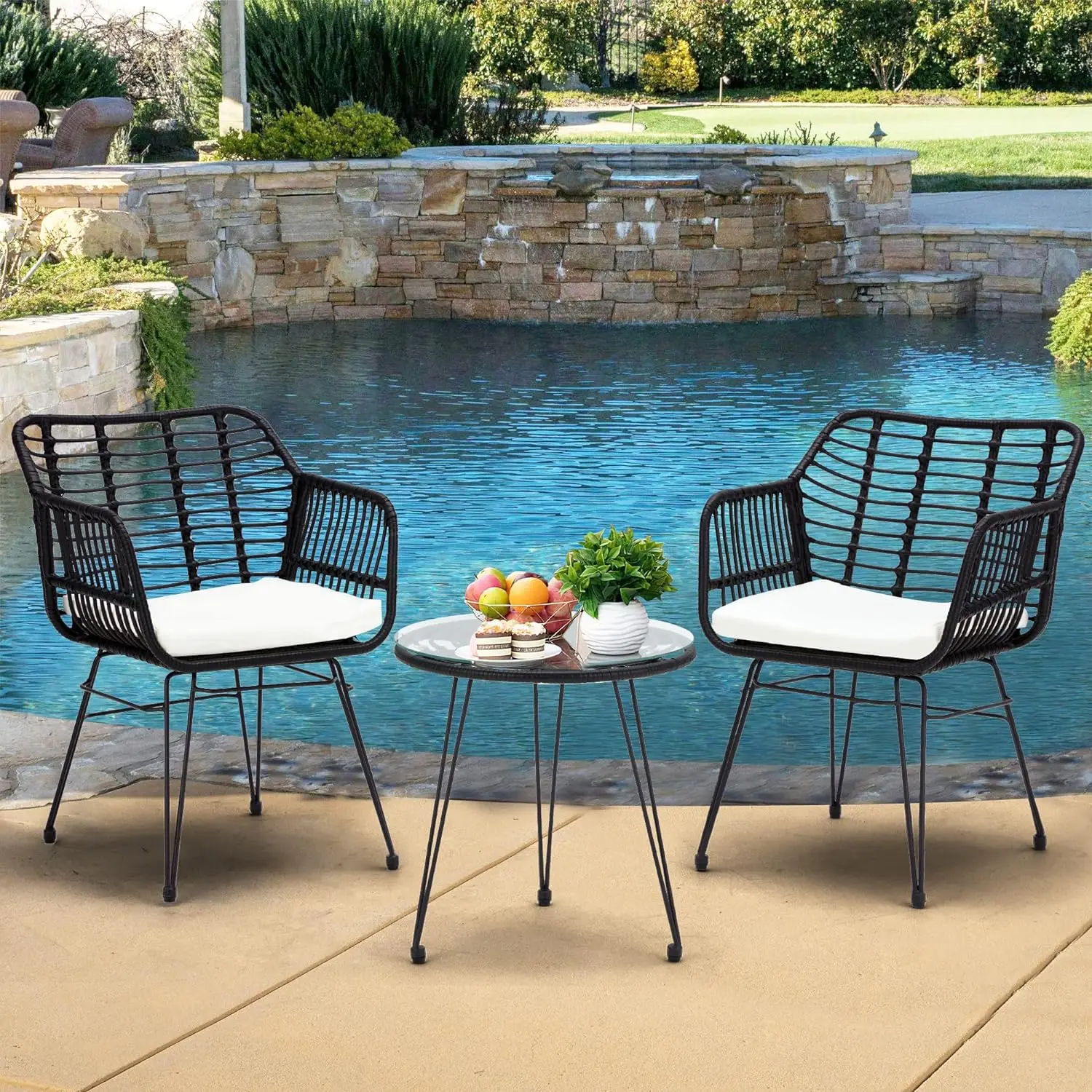 Comfort corner 3 Pieces Wicker Patio Bistro Furniture Set,Includes 2 Chairs and Glass Top Table,Ideal for Porch,Outdoor,Backyard