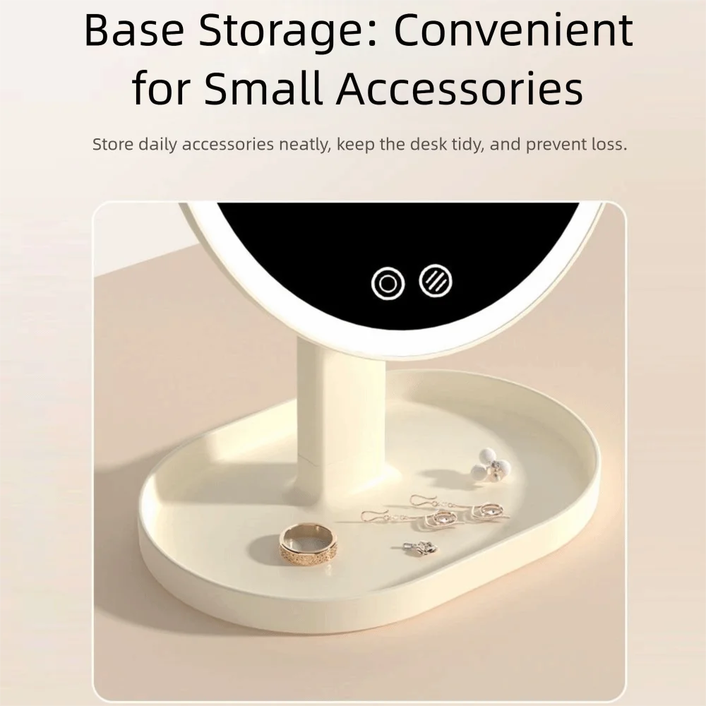 Removable Makeup Mirror with LED Light Rotatable Stepless Dimming Adjustable Desktop Mirror with Storage Base Touch Control