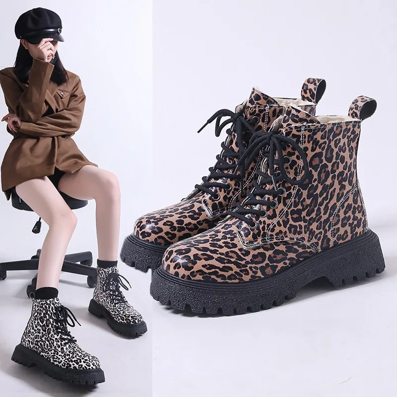 

Leopard Martin Boots Women's Fall 2024 New Ankle Boots French British Style Vintage Leather Boots High Top Biker Luxury Fashion