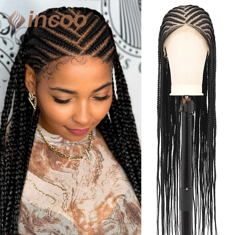 Synthetic Cornrow Braided Wigs Full Lace Knotless Box Braided Wigs for Black Women Daily Use Transparent Lace Front Braiding Wig