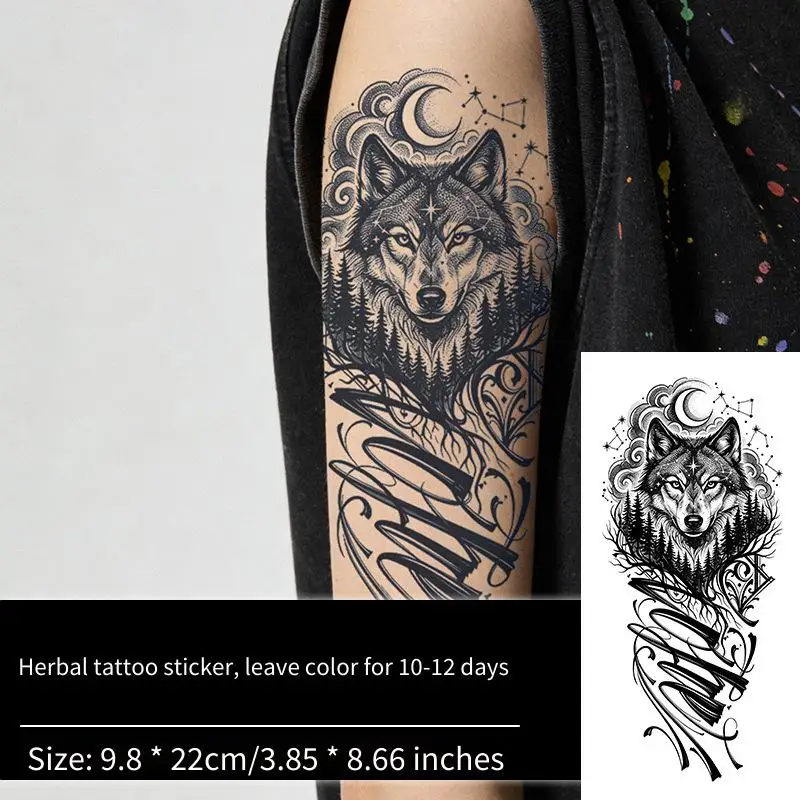 

Lone Wolf Moon Forest Modern Black Grey Chicano Floral Tattoo Sticker, Temporary Tattoo for Men Women, Waterproof Juice-Proof Bo