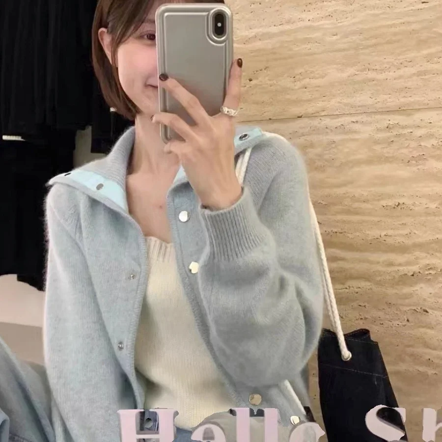 Light Blue Button Up Stand Collar Turtleneck Sweater Jacket Korean Sweet Women Cardigan Loose Comfortable Soft Winter Autumn Top