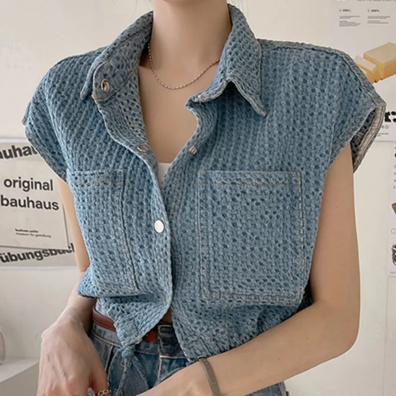 

Korean Chic Retro Lapel Single-Breasted Pocket Design Sleeveless Waist Coat Denim Coat Top Women Y2k Harajuku 2024 New Summer