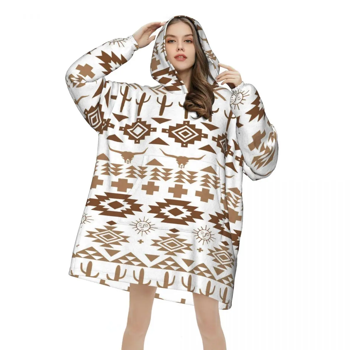 Southwestern Aztec Tribal Oversized Blanket Hoodie Sweatshirt  Fleece Hooded Wearable Blanket with Large Pocket for Women Men