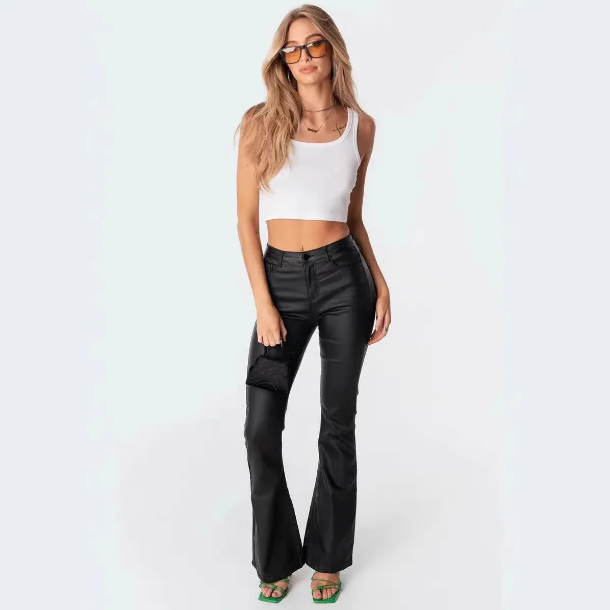 Plus Size Black Flared PU Leather Pants High Waist Elegant Evening Dress for Women