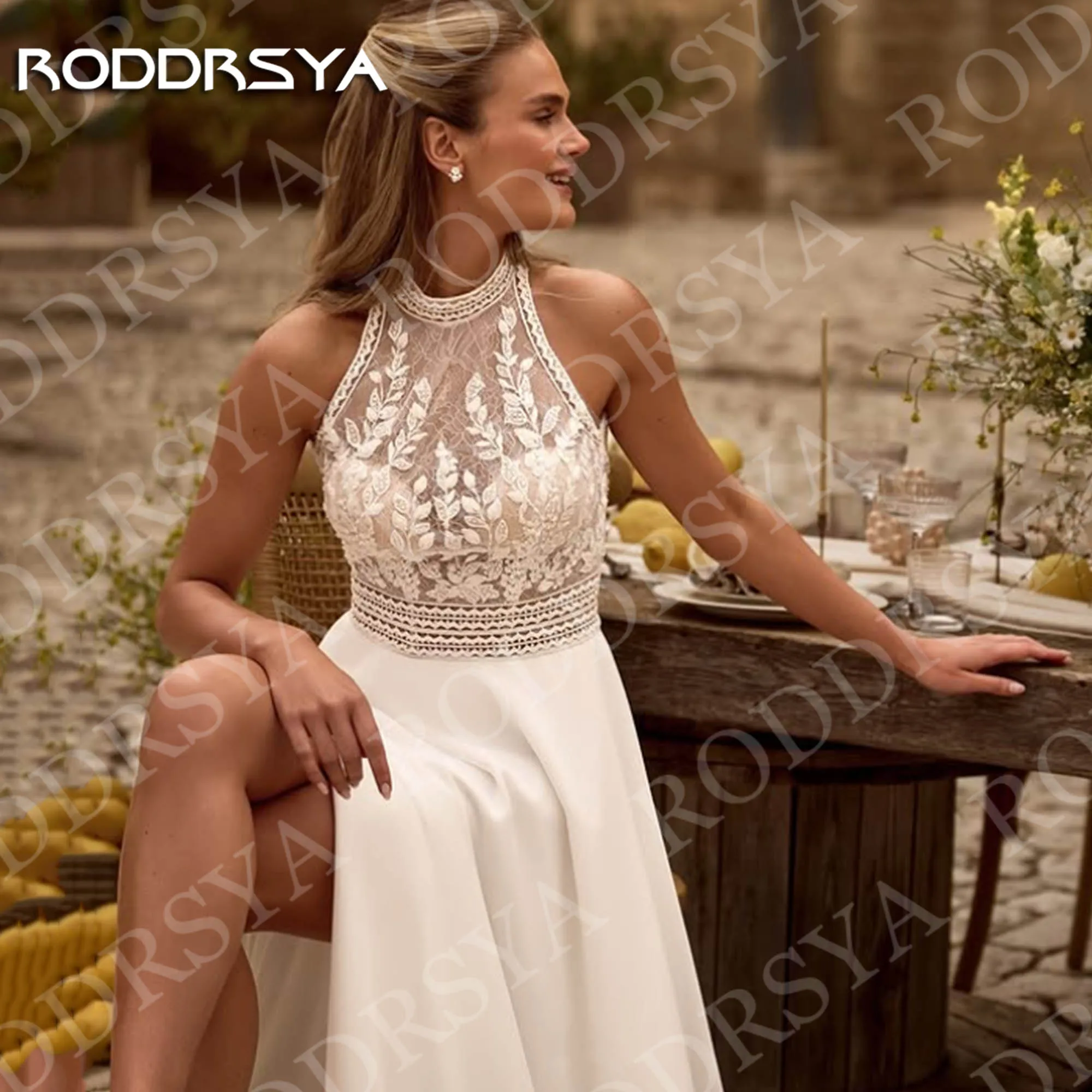 RODDRSYA 2026 보헤미안 웨딩 드레스 오픈 백 레이스 홀터넥 하이 슬릿 A라인 쉬폰 신부 드레스 맞춤 제작 웨딩드레스보헤미아 결혼식 드레스 오픈 백 레이스 Halter 목 높은 슬리트 라인 시폰 신부 드레스 주문을 받아서 만들어진
